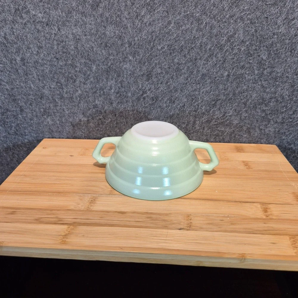 5 Vintage Hazel Atlas Platonite Moderntone Glass Handled Cream Soup Bowls Green